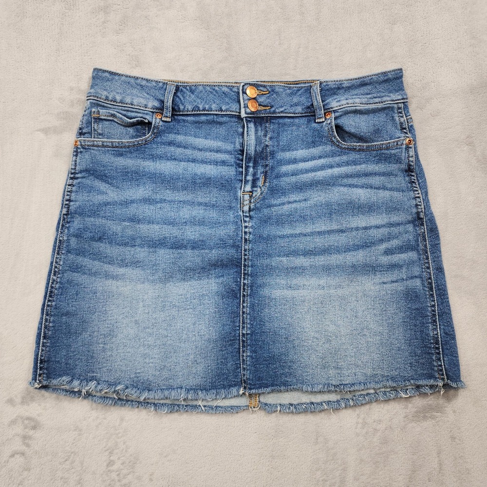 Maurices Skirt Womens 14 Blue Denim A-Line Mini Raw Hem Double Button Stretch